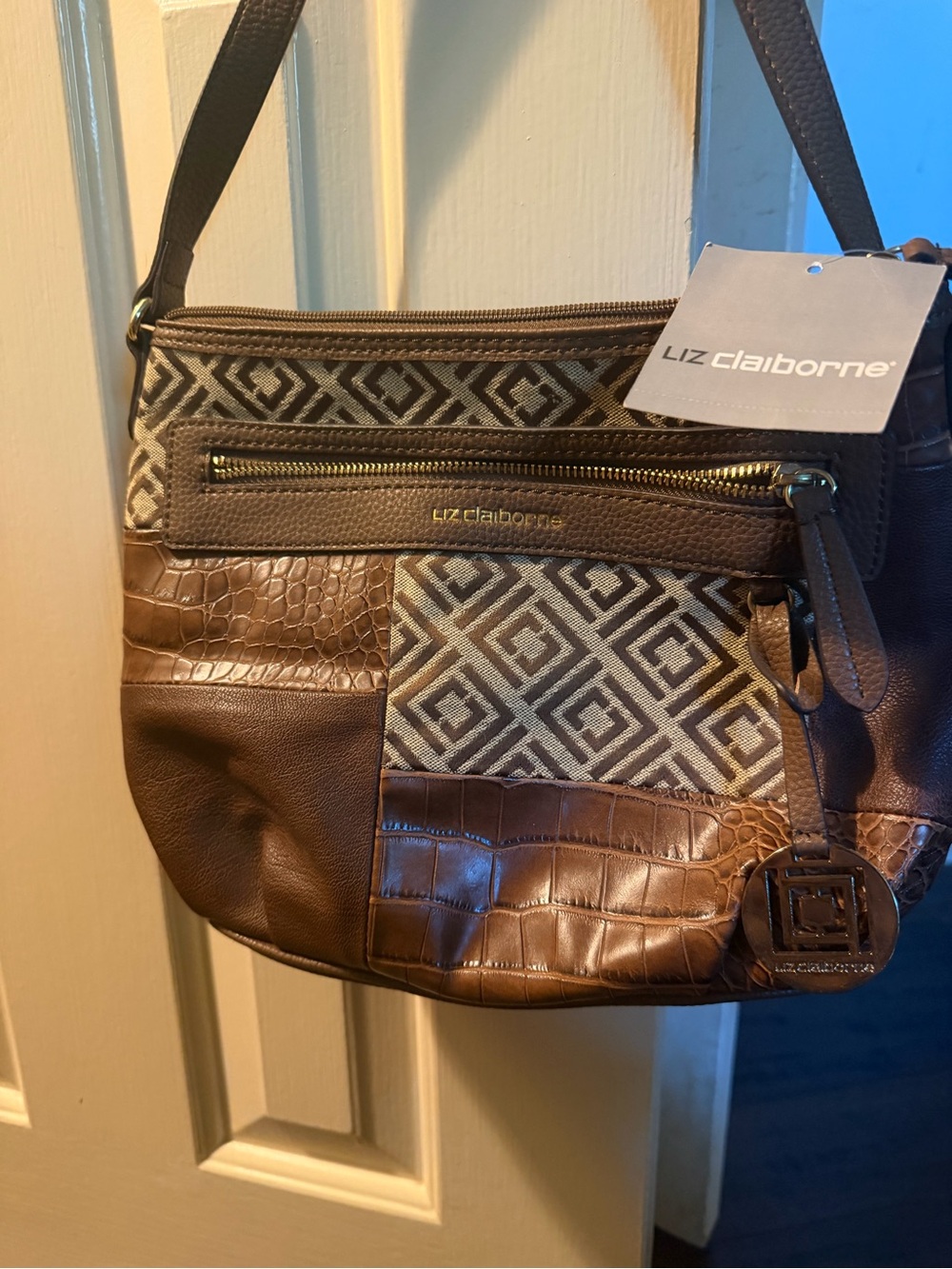Liz Claiborne Brown Patchwork Messenger Bag with Geometric Panels